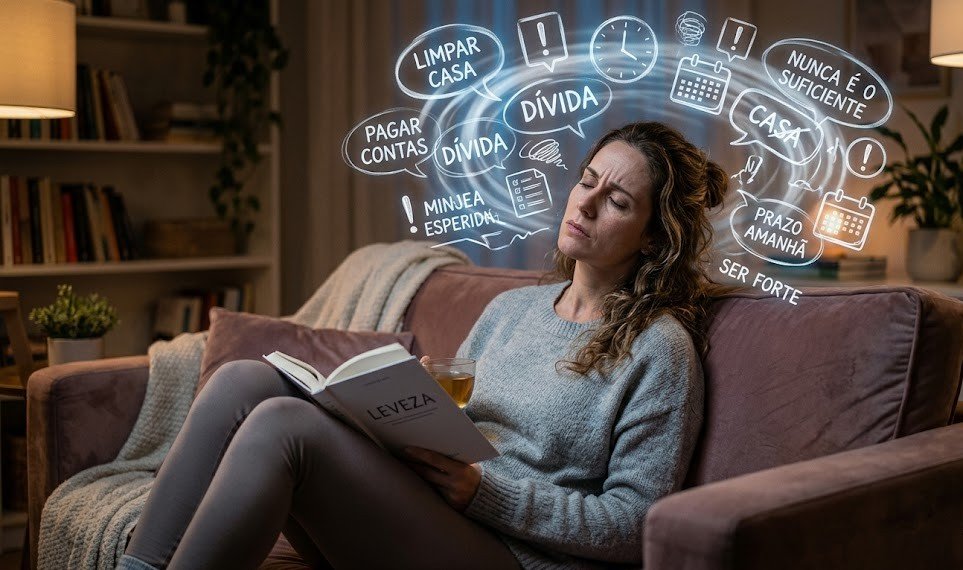 Mulher com a mente que não desliga sentindo culpa por descansar